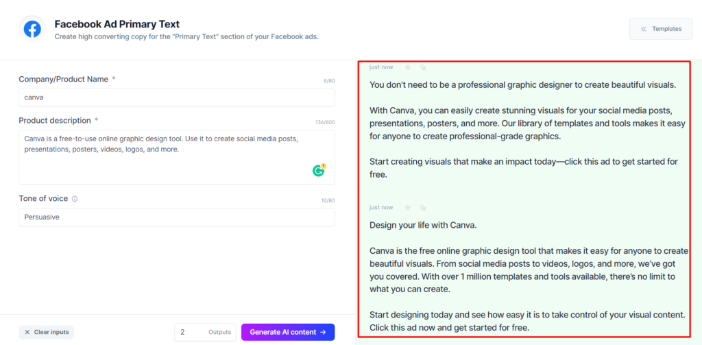 Facebook ad primary text generator