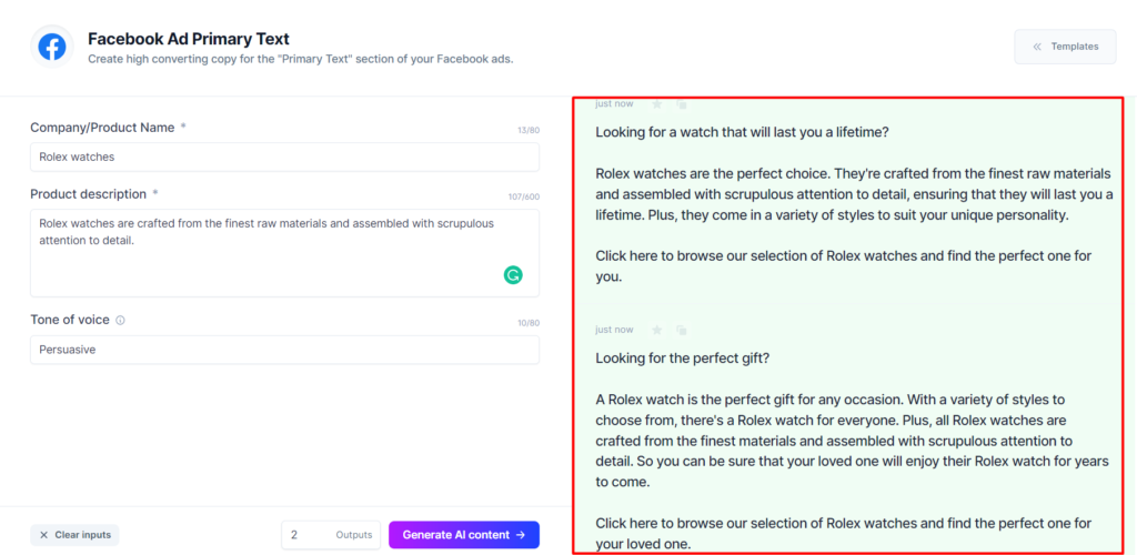 Facebook ad primary text generator