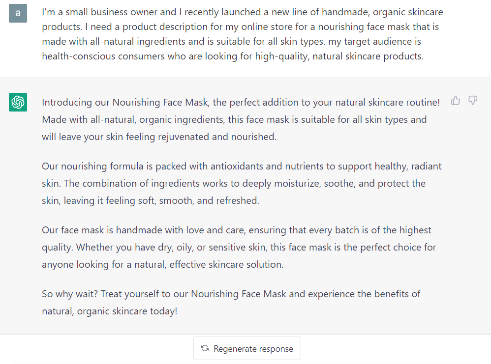 ChatGPT: Generating product descriptions
